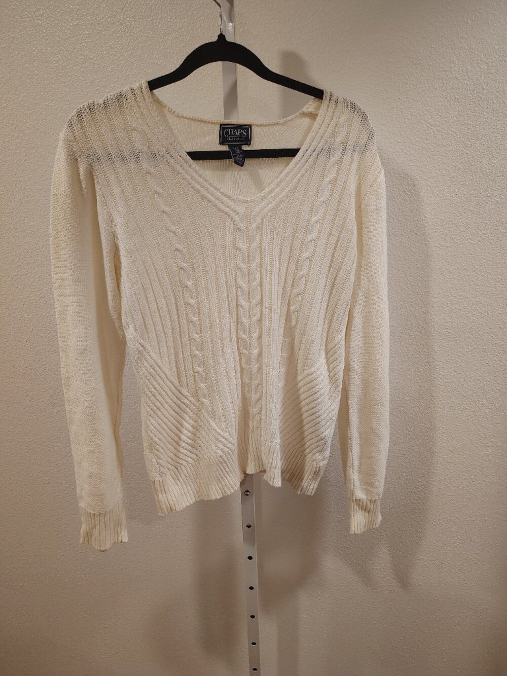 Chaps Women's Sweater Size Large V-Neck Cable Knit Long Sleeve Cream